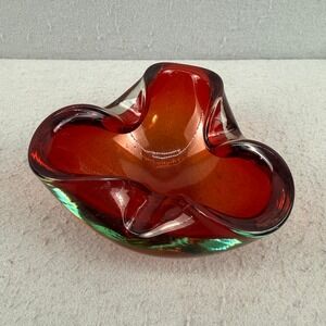 Vtg Murano Art Glass Ashtray Amberina Red Orange Sommerso MCM Italy Tricorn 6"